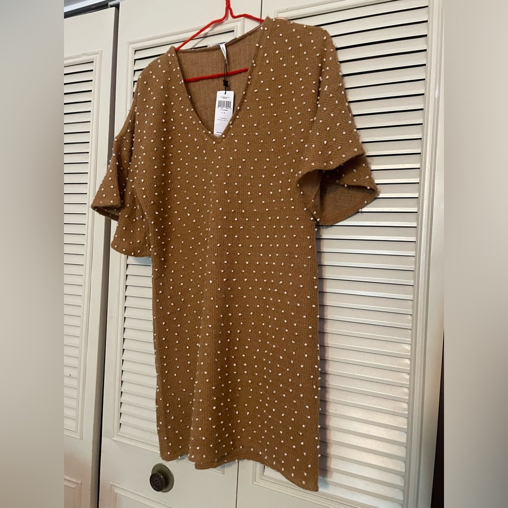 BCBG Generation NWT Caramel Colored Poka Dot Dress Women’s Size Small Bell Sleev